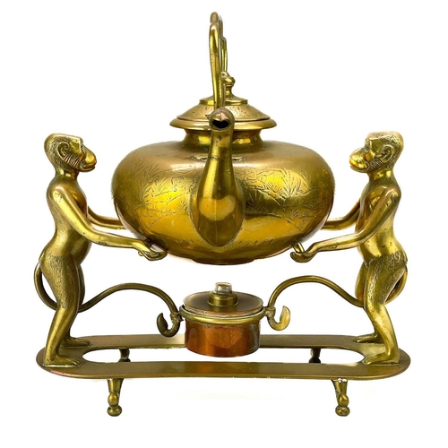 122 - An unusual Eastern brass kettle and stand. The kettle with peacock head spout, engraved with warring... 