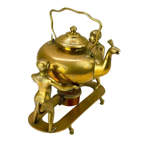 122 - An unusual Eastern brass kettle and stand. The kettle with peacock head spout, engraved with warring... 