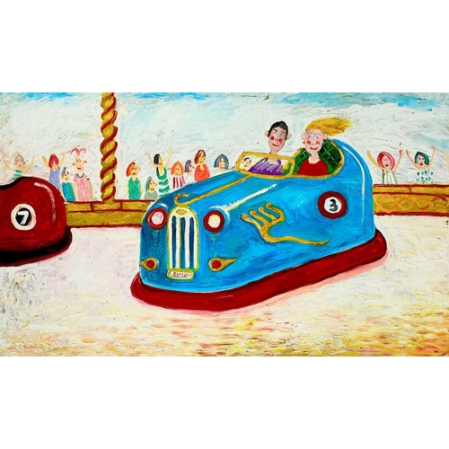 128 - A large hand-painted bumper car sign by Simeon Stafford. Signed, 122cm x 204cm.