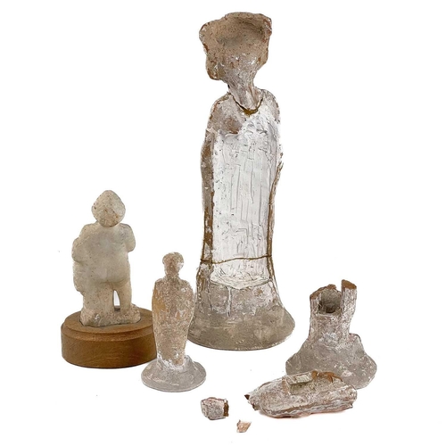 130 - A Roman? white marble figure. Of a youth holding a jar and a drape, height 17cm, together with three... 