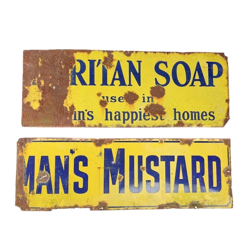 147 - A blue and yellow enamel Puritan Soap advertising sign. 46cm X 122cm, and part of a Colman's Mustard... 