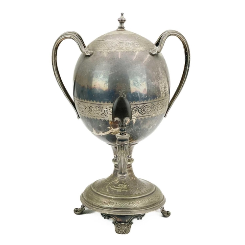 157 - A Victorian silver plated samovar. Of Regency design, with twin handles and horn handled spigot, sta... 