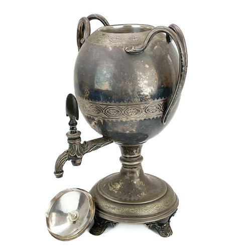 157 - A Victorian silver plated samovar. Of Regency design, with twin handles and horn handled spigot, sta... 