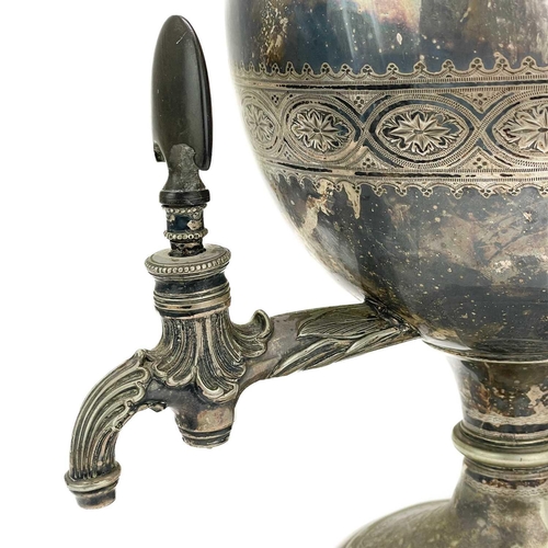 157 - A Victorian silver plated samovar. Of Regency design, with twin handles and horn handled spigot, sta... 