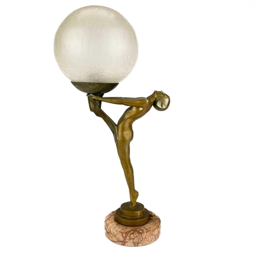 161 - An Art Deco patinated spelter figural table lamp. Signed Le Verrier Paris France to the stepped base... 