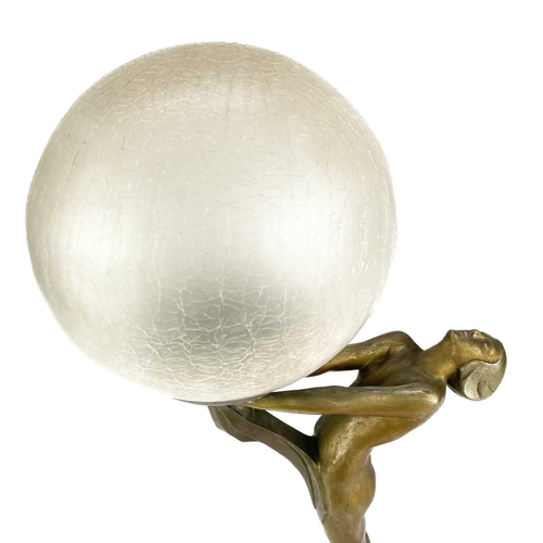 161 - An Art Deco patinated spelter figural table lamp. Signed Le Verrier Paris France to the stepped base... 