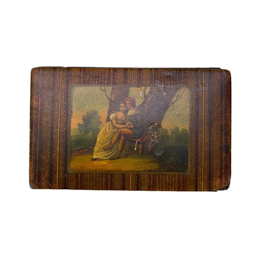 170 - A Victorian papier-mâché snuff box. Decorated lovers in a landscape, width 9cm, together with a clay... 