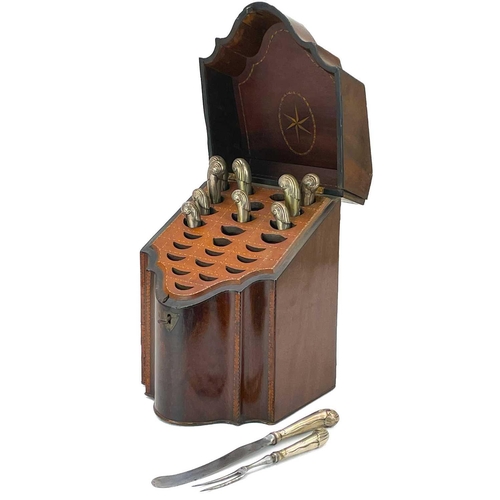 206 - A George III mahogany and crossbanded knife box. With slope front and chequer strung interior with s... 