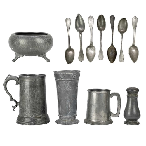 216 - Pewter, including seven assorted spoons. Two mugs, a pepper pot, a vase, and a bowl (box).