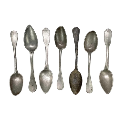 216 - Pewter, including seven assorted spoons. Two mugs, a pepper pot, a vase, and a bowl (box).