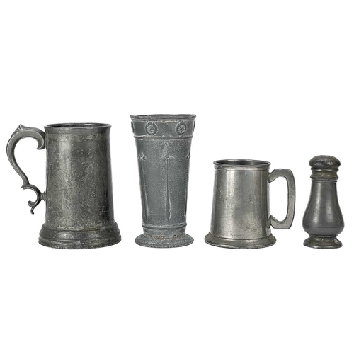 216 - Pewter, including seven assorted spoons. Two mugs, a pepper pot, a vase, and a bowl (box).