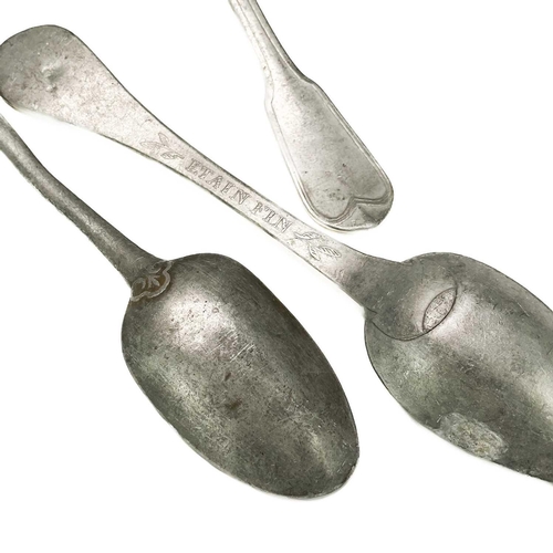 216 - Pewter, including seven assorted spoons. Two mugs, a pepper pot, a vase, and a bowl (box).