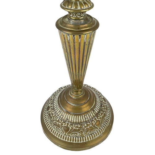 220 - A Victorian brass oil lamp with a glass reservoir and a white glass shade. with a domed white glass ... 