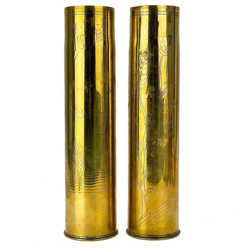 238 - Trench art and Bicycle interest shell cases. A pair of WW I brass shell cases, one engraved with a F... 