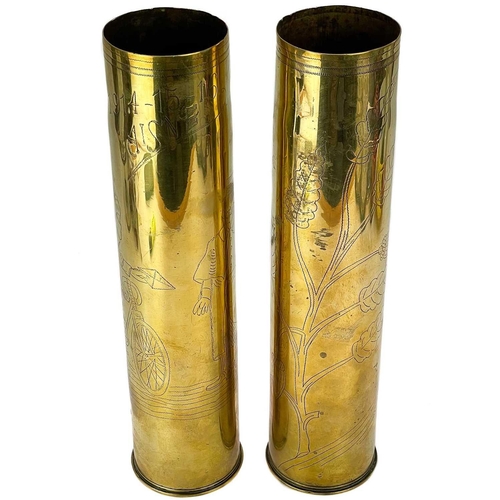 238 - Trench art and Bicycle interest shell cases. A pair of WW I brass shell cases, one engraved with a F... 