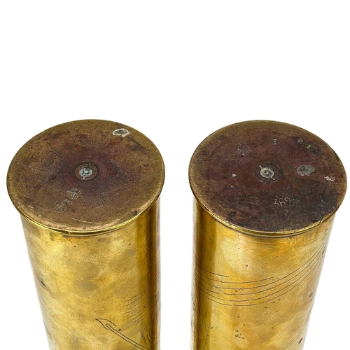 238 - Trench art and Bicycle interest shell cases. A pair of WW I brass shell cases, one engraved with a F... 