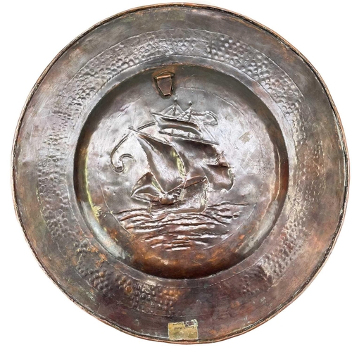 260 - A J & F Pool, Hayle Cornish copper plaque. With planished border, repousse decorated with a galleon,... 