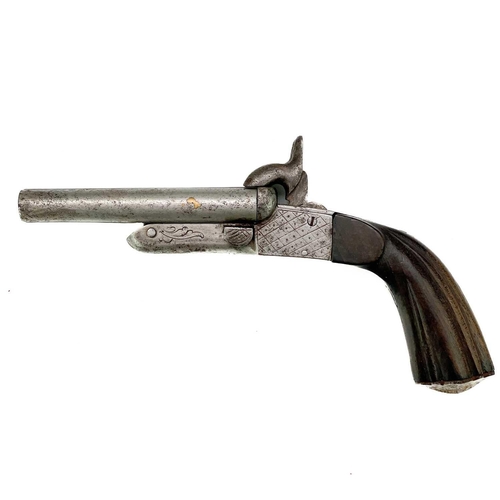 285 - A Continental pin fire double barrel pistol. Possibly Belgian, side-by-side double barrel with a mou... 