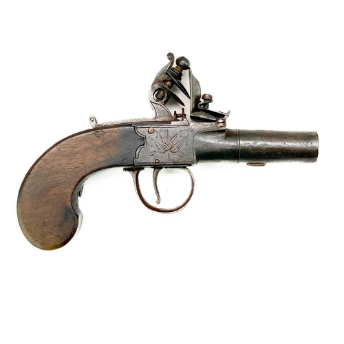 286 - A flintlock pocket pistol. (lacks safety catch) with engraved decoration and mahogany grip with inse... 