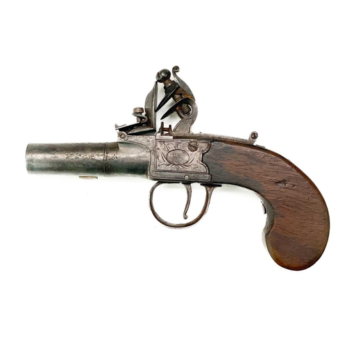 286 - A flintlock pocket pistol. (lacks safety catch) with engraved decoration and mahogany grip with inse... 