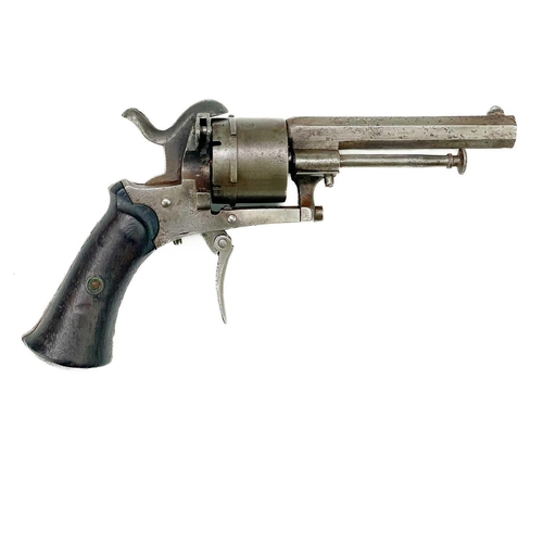 287 - A French or Belgian pin fire six shot revolver. With mahogany grip and folding trigger, Length 19cm.