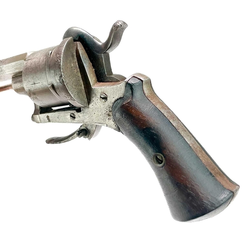 287 - A French or Belgian pin fire six shot revolver. With mahogany grip and folding trigger, Length 19cm.