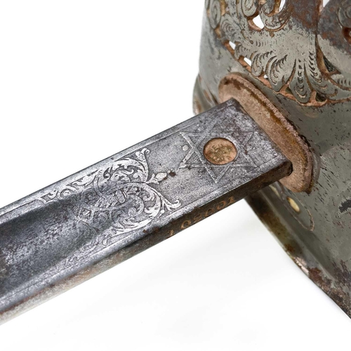 296 - An Edward VII officer's sword. The etched steel blade by John Jones & Co, London, with pierced steel... 