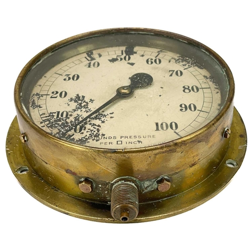 30 - A brass Dewrance & Co London pressure gauge. Diameter 18cm, another early 20th century gauge, and tw... 