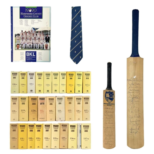 303 - A Gloucestershire mini bat signed, including Jack Russell. Together with a cricket bat signed Hampsh... 