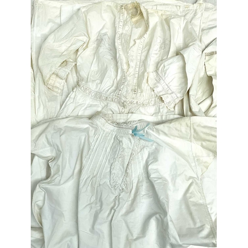 309 - A Victorian cotton nightgown with fine embroidery M.S monogram decoration and lace. Together with fo... 