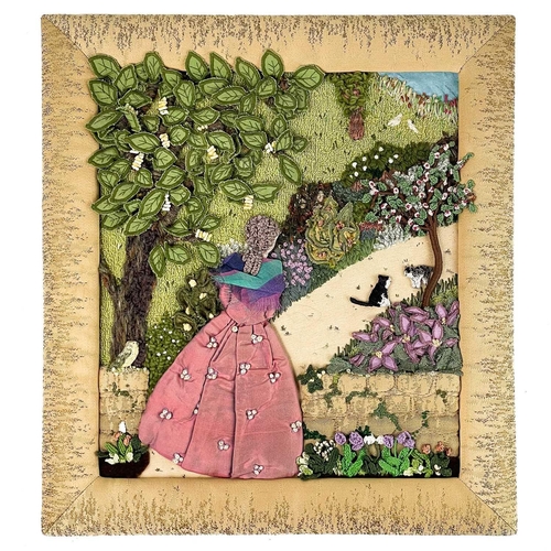 313 - Val Stiller An embroidered and textile collage panel of a lady and two cats on a garden path, 44X40c... 