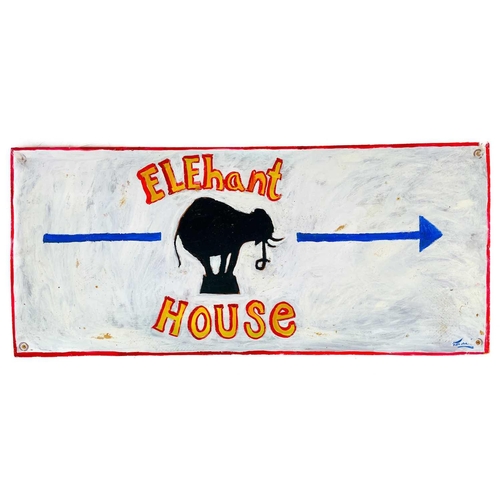 32 - A hand-painted elephant house sign by Simeon Stafford. Signed, 47.5cm x 107.5cm.