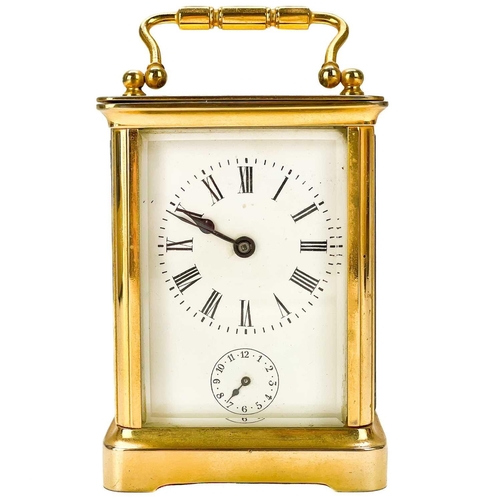 322 - A French brass carriage clock circa 1900. White enamel alarm dial and bell fitted to base, height 11... 