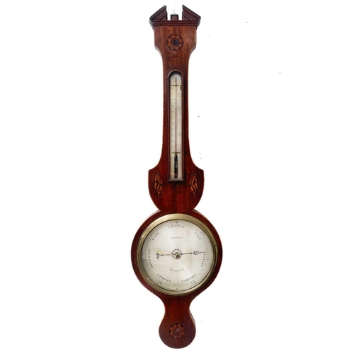 333 - A 19th century mahogany and boxwood inlaid wheel barometer. By Pozzi & Co with silvered dial shell a... 