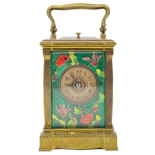 339 - French 19th century repeater carriage clock. With enamel, engine turned decoration, back plate stamp... 