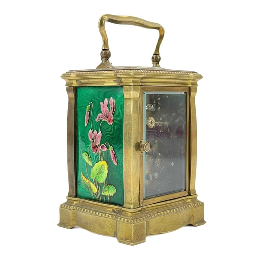 339 - French 19th century repeater carriage clock. With enamel, engine turned decoration, back plate stamp... 