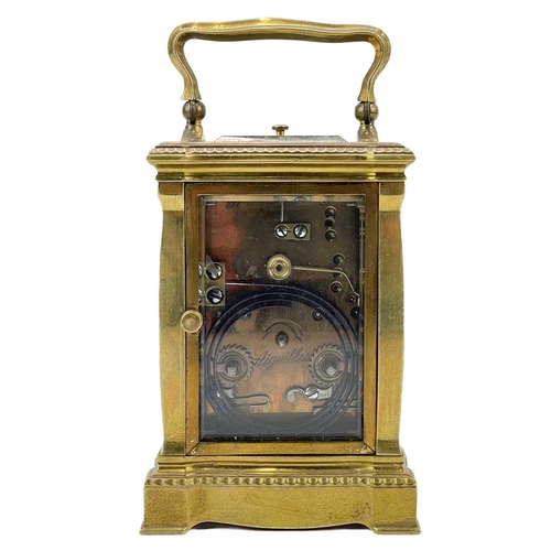 339 - French 19th century repeater carriage clock. With enamel, engine turned decoration, back plate stamp... 