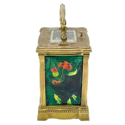 339 - French 19th century repeater carriage clock. With enamel, engine turned decoration, back plate stamp... 