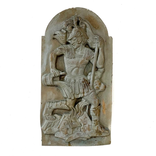 344 - A reconstituted stone plaque. Cast with a roman legionary, height 43cm, width 21cm, depth cm.