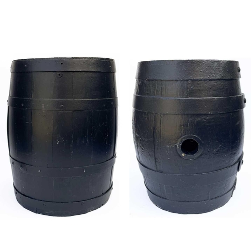 347 - Two black painted barrels. Largest height 52cm.