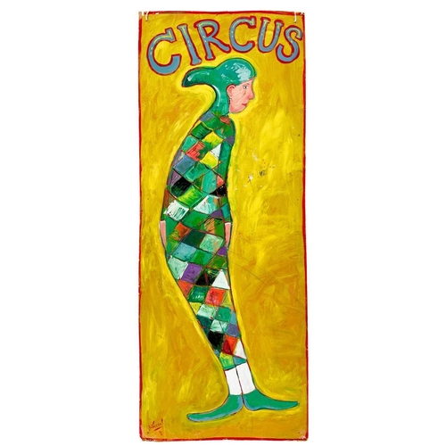 35 - A hand-painted Harlequin circus sign by Simeon Stafford. Signed, 155.5cm x 61cm.