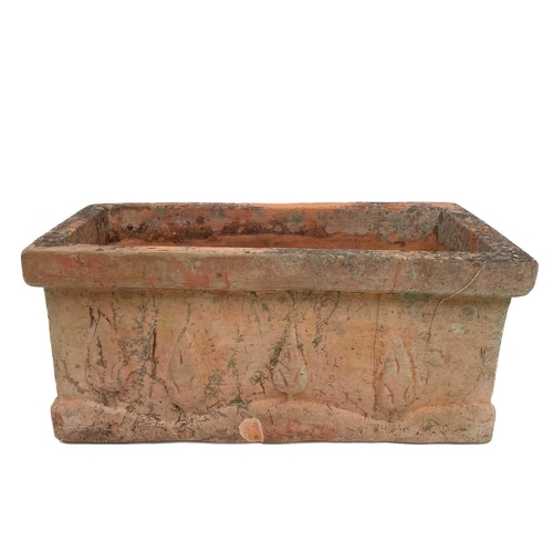 366 - Four rectangular terracotta garden planters. Height 26cm, width 58cm, depth 29cm.