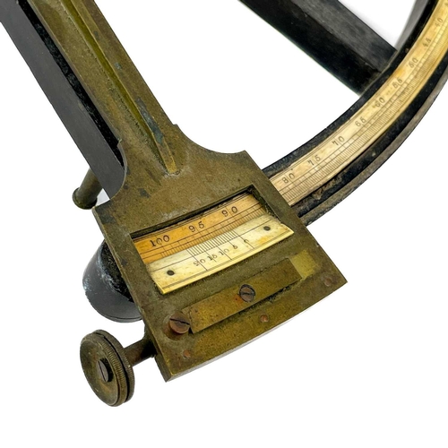 37 - A brass and ebony octant. Early 19th century, contained in an oak case, height 36cm. Ivory exemption... 