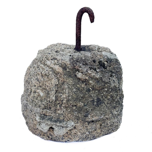 379 - A granite and wrought iron pilchard press stone. Used as a cattle tie on Ayr Farm St Ives circa 1910... 