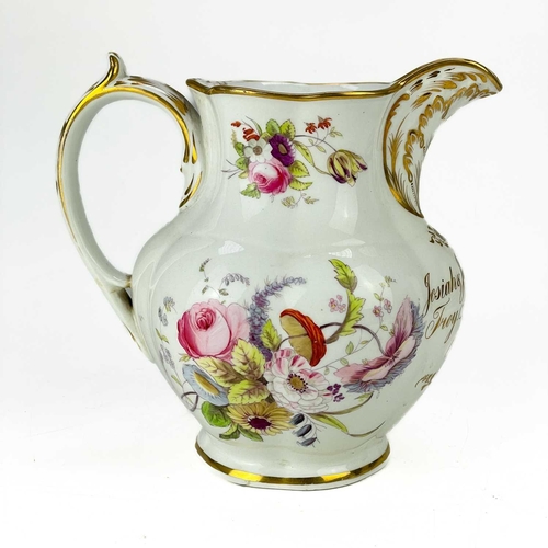 419 - A Staffordshire documentary porcelain jug for the American market. Painted with flowers and inscribe... 