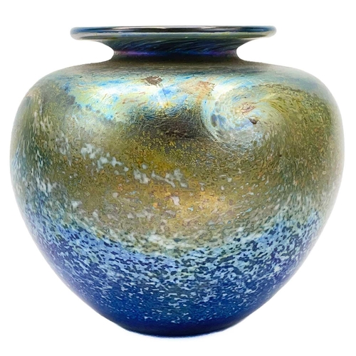 421 - Norman Stuart Clarke glass vase. Golden seascape pattern, etched signature and date 91, height 10cm.