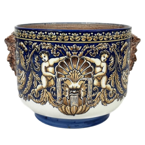 429 - A Gien pottery jardinière. With green man side mounts and painted Classical decoration, height 17.5c... 