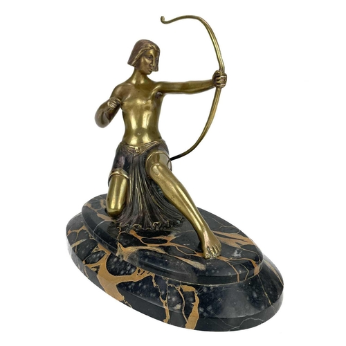 43 - An Art Deco bronze figure of Diana on black marble base. Cold painted, stamped BK? Somme Salon des B... 