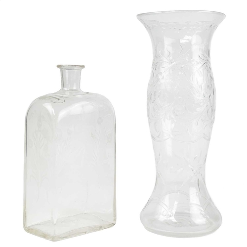 440 - A 19th century Dutch glass flask. Blown and moulded with an engraved sailing ship, height 19cm, toge... 