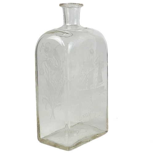 440 - A 19th century Dutch glass flask. Blown and moulded with an engraved sailing ship, height 19cm, toge... 